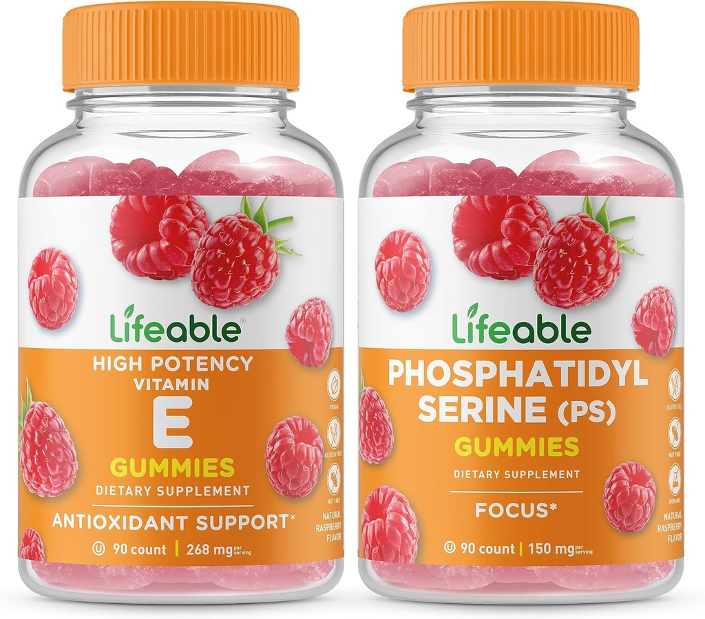 Livlig vitamin E + Fosfatidyserin (PS), Gummies Bundle - Great Tasting, vitamin Supplement, Glutenfri, GMO Gratis, Chewable Gummy