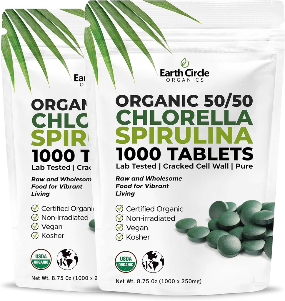 Premium Organic CHLORELLA / SPIRULINA 1000 Tabletter (50/50) Kosher, Vegan - Grønn Algae Superfood, Cracked Cell Wall, Klorofyll, Høyt i Protein & jern, ingen tilsetningsstoffer eller fyllstoffer 8,75 Oz (2 pakke)