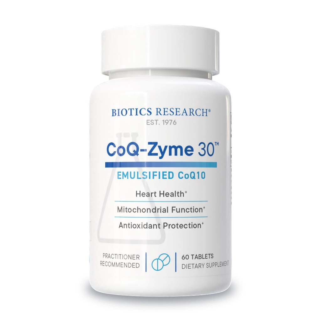 Biotikk Forskning CoQZyme 30 Milligram av emulgert koenzym Q10 CoQ10, utstyr Superoksid dismutase og katalase, to viktige antioksidanter 60 Tabs