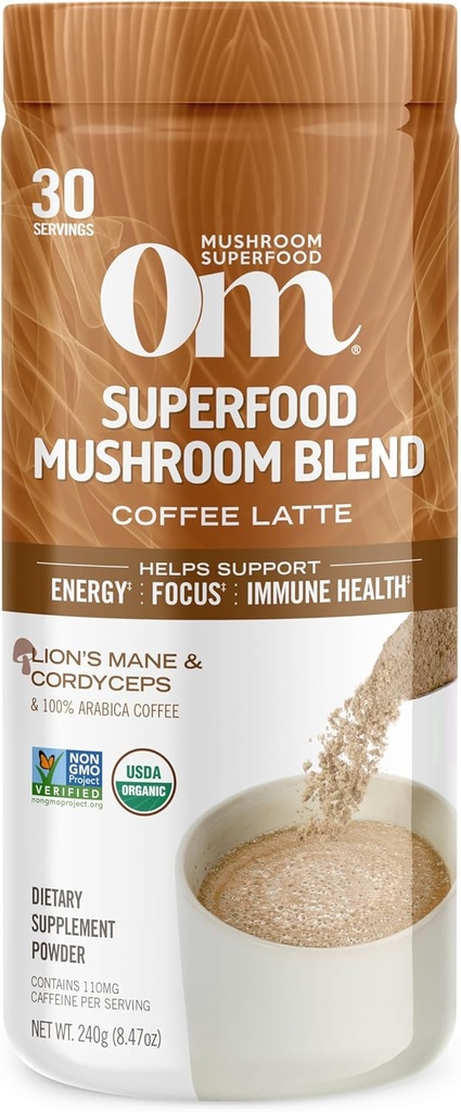 OM MUSHROOM SUPERFOOD Kaffe Latte blanding Mushroom Powder, 8,47 Ounce Canister, 30 serveringer, Lion's Mane, Cordyceps, Reishi, Chaga, Energi & mental klarhet støtte supplement