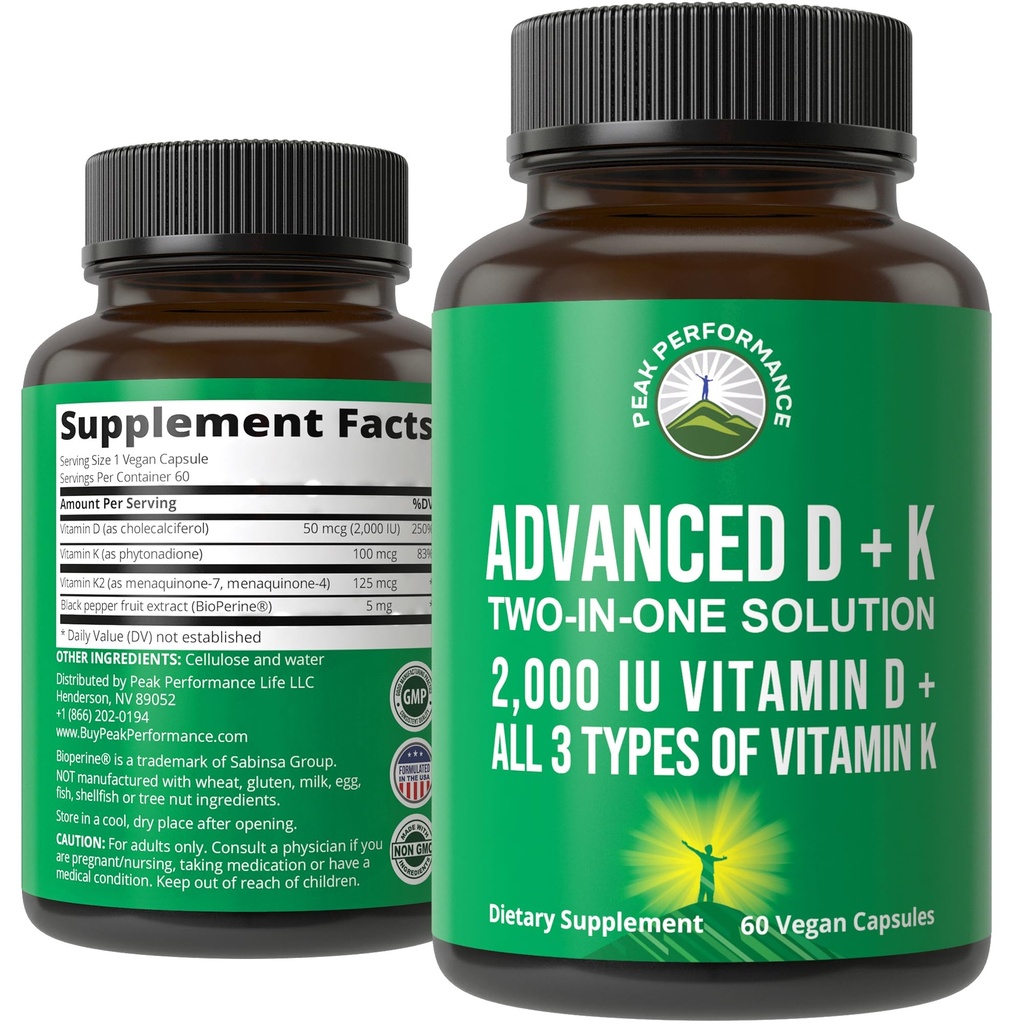 Peak ytelse avansert vitamin D 2000 IU med alle 3 typer vitamin K vitamin D3 og vitamin K2, K1, MK-7 (MK7), MK4 kosttilskudd. 60 små og enkle å svelge grønnsaker piller (2000 IU)