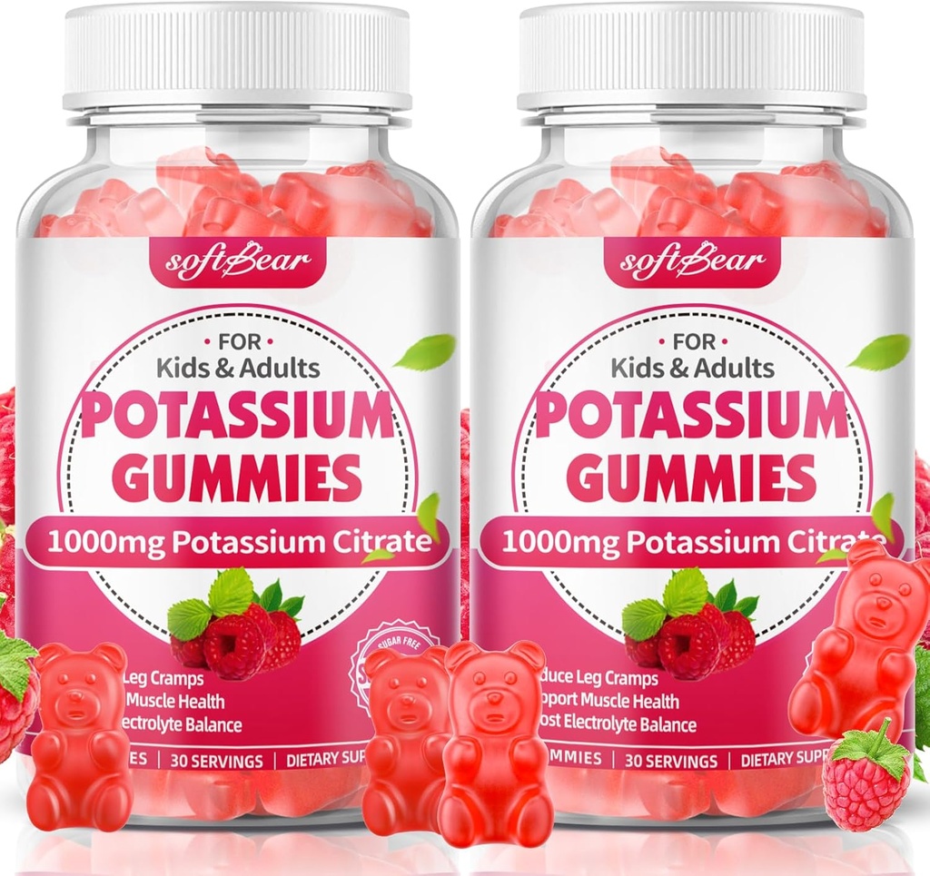mouthbear Kalium Citrate 1000mg Gummies – høy absorpsjon Kalium Gummies for muskel støtte og elektrolyttbalanse – Kalium Supplement for kvinner og voksne, Vegan, bringebær Flavor (120 greve)