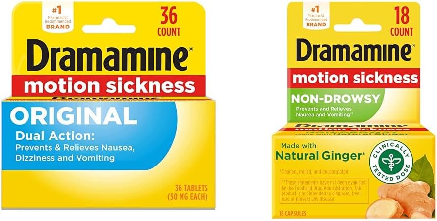 Dramamine Opprinnelig, Motion Sygdom Relief, 36 Count & Non-Drowsy, Motion Sygdom Relief, laget med naturlig Ginger, 18 greve