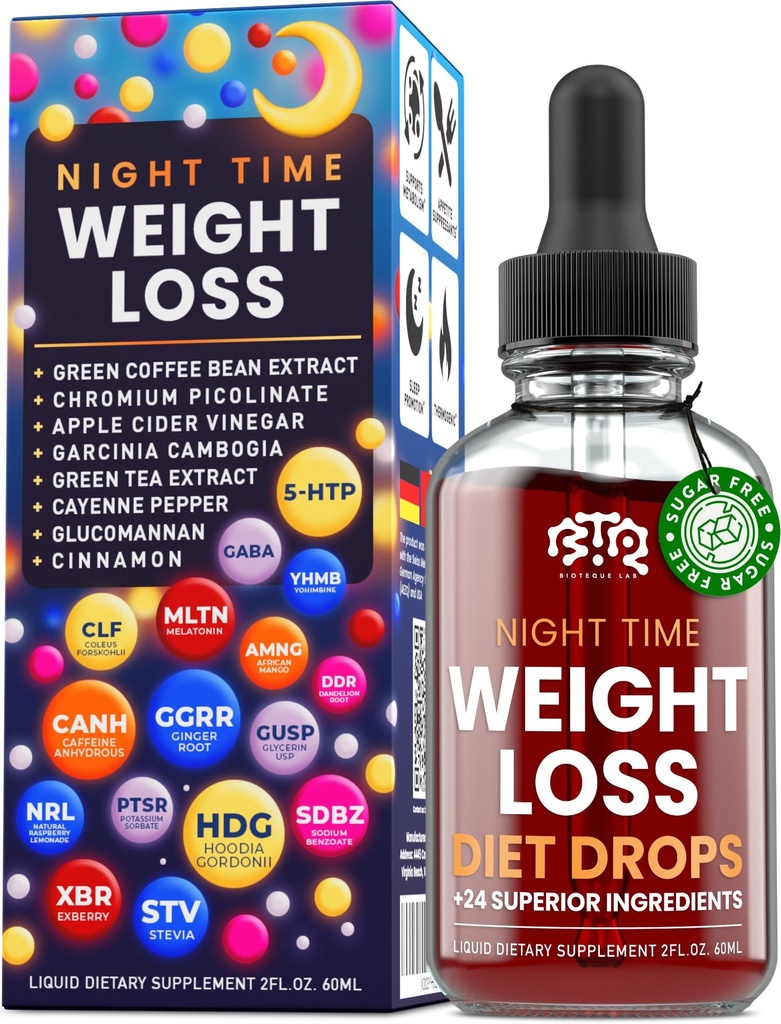 Natttid Vekttap Diett Dråper - Appetittkontroll, Fat Burner, Metabolisme Booster - Apple Cider Vinegar - Cinnamon - Cayenne Pepper