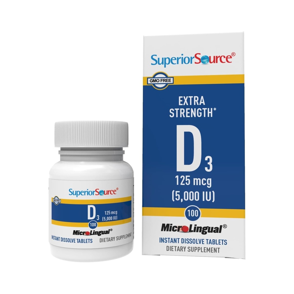 Superior Source Vitamin D3 5000 IU - Tilbyr immunsystem, hjerne- og nervesystemstøtte - Bidrar kalsiumabsorpsjon for tenner og bein helse - Bariatrisk Vennlig - 100 Sublingual Oppløsende tabletter