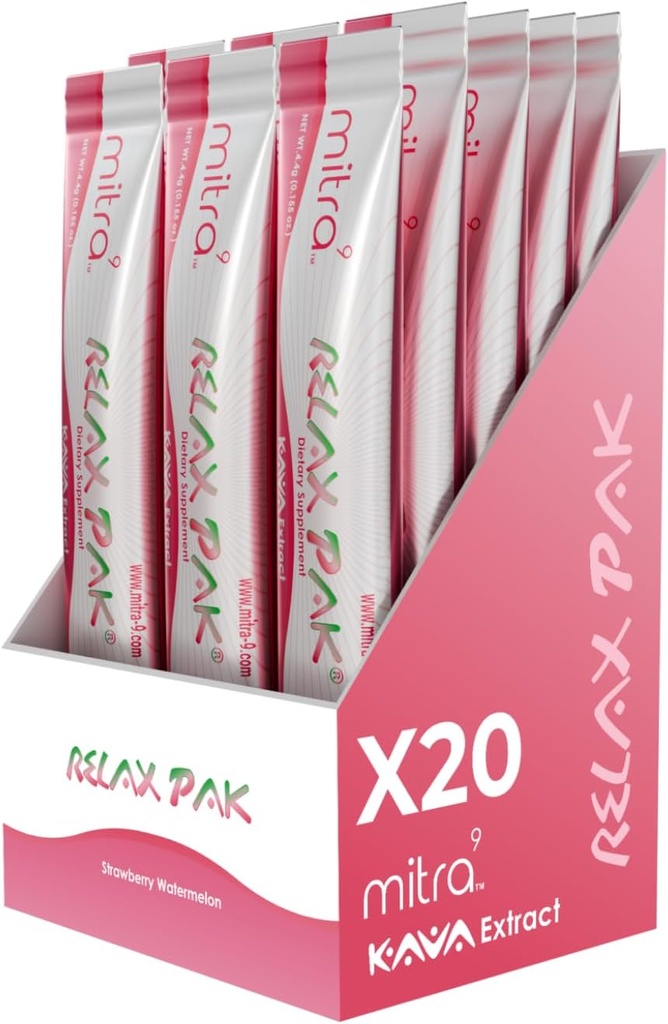 Mitra9 Kava pulver relaxPak - Strawberry vannmelon Kava ekstrakt pulver pakker | Mood Enhancer | Plant Basert | Fremmer naturlig ro og klarhet | Easy Open Single-Serving Stick (20)