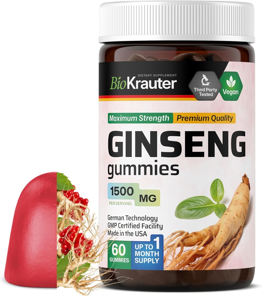 BIO KRAUTER Panax Ginseng Gummies - 1500 mg Styrke - 60 greve - Chewable Rød Ginseng Supplement - Immunstøtte Gummies - Vegan, Pectin-basert, Ikke-GMO