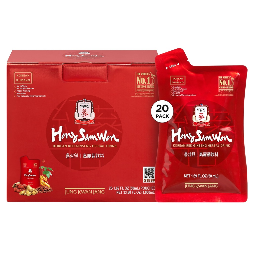 JUNG KWAN JANG Hong Sam vant koreansk rød ginseng drikk | Energi drikke, pre trening, Herbal te, Ginseng Supplement | Jujube, Ginger, kanel, Goji Berry | Vegansk Vennlig (20 greve)