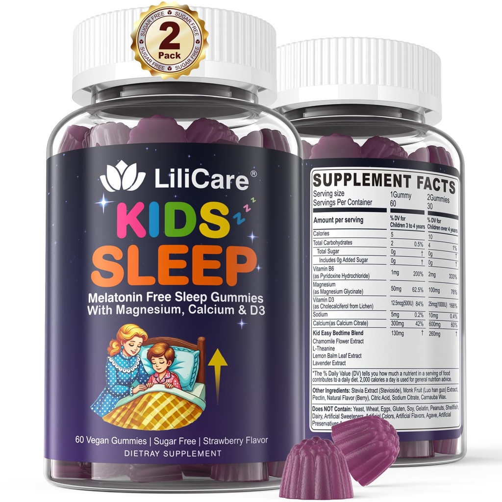 Kids Sleep Gummies - Magnesium Glycinate Gummies, Melatonin Gratis søvnhjelp | Magnesium, Kalsium, D3, B6, L Theanine | Kid Melatonin Alternative for Restful Sleep (Pack of 2)