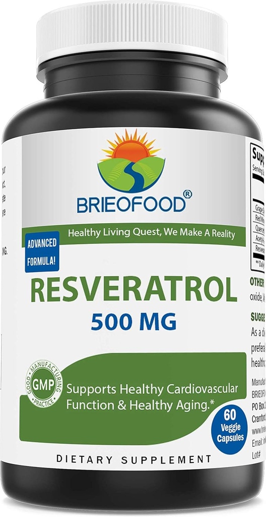 Brieofood Resveratrol 500mg - Naturlig Antioksidant Supplement for kardiovaskulær og immunsystem helse - 60 Veggie Kapsler