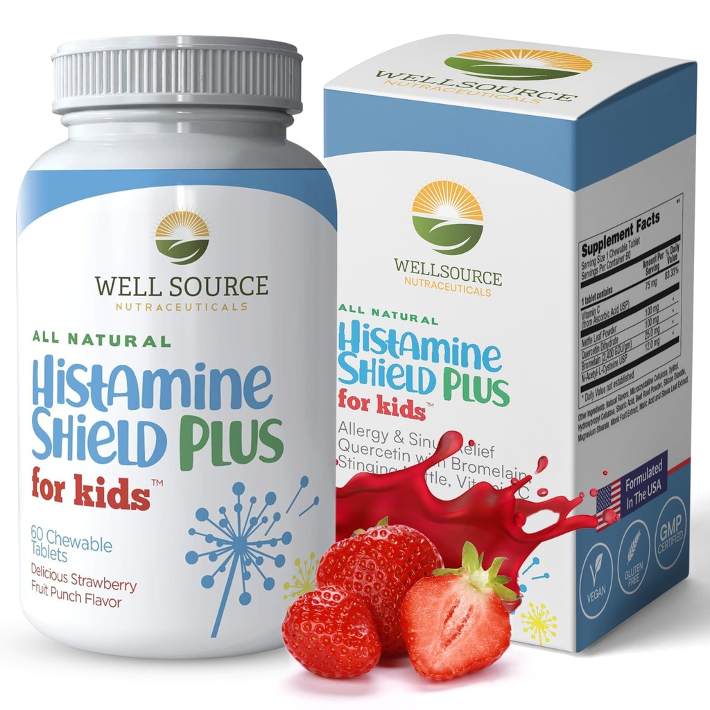 Naturlig Antihistaminer Supplement, Kids Allergi medisin, Sinus & Allergier Relief for Pollen, Pet Dander, Støv, Mold, og Odors, 60 Jordbær Frukt Punch Chewable tabletter