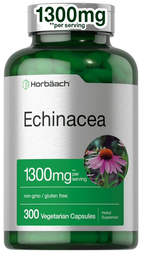 Horbäach Echinacea ekstrahere kapsler 1300 mg | 300 greve | Vegan, ikke-GMO, Glutenfri Supplement