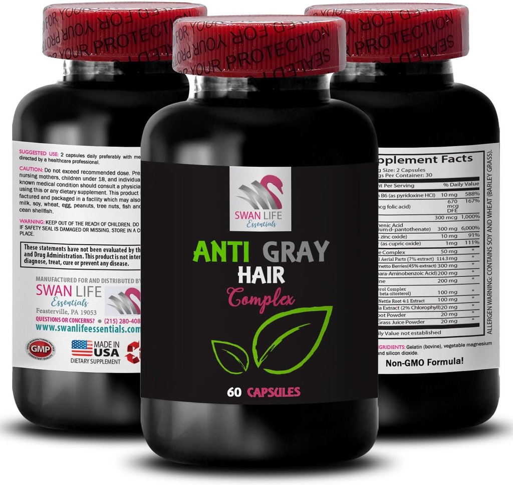 Antigrå hårpiller - CNY GRAY HAIR COMPLEX - Farge vitalitet, Grå hårpleie, Frisk tone, Vibrant farge, Antigrå hårtilskudd, Hår skyggekontroll, Ungdomslig utseende 1 flaske 60 kapsler