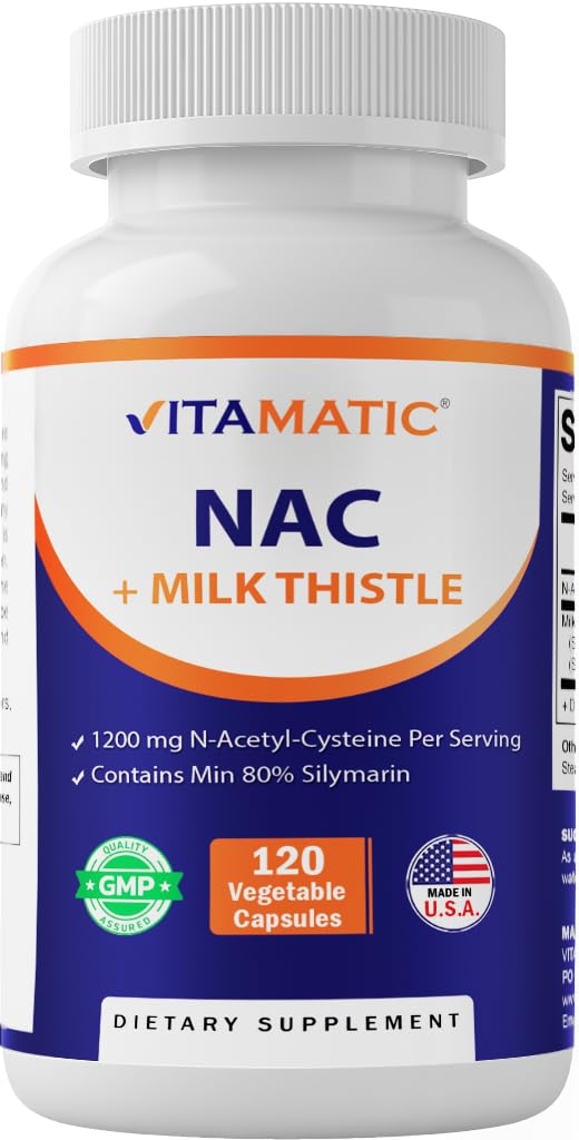 Vitamatic NAC Supplement N-Acetyl-L-Cysteine (NAC) med Melke Thistle 50:1 Extract - støtter immune, respirasjon, lever helse, 1200 mg per servering, 120 Veg Kapsler
