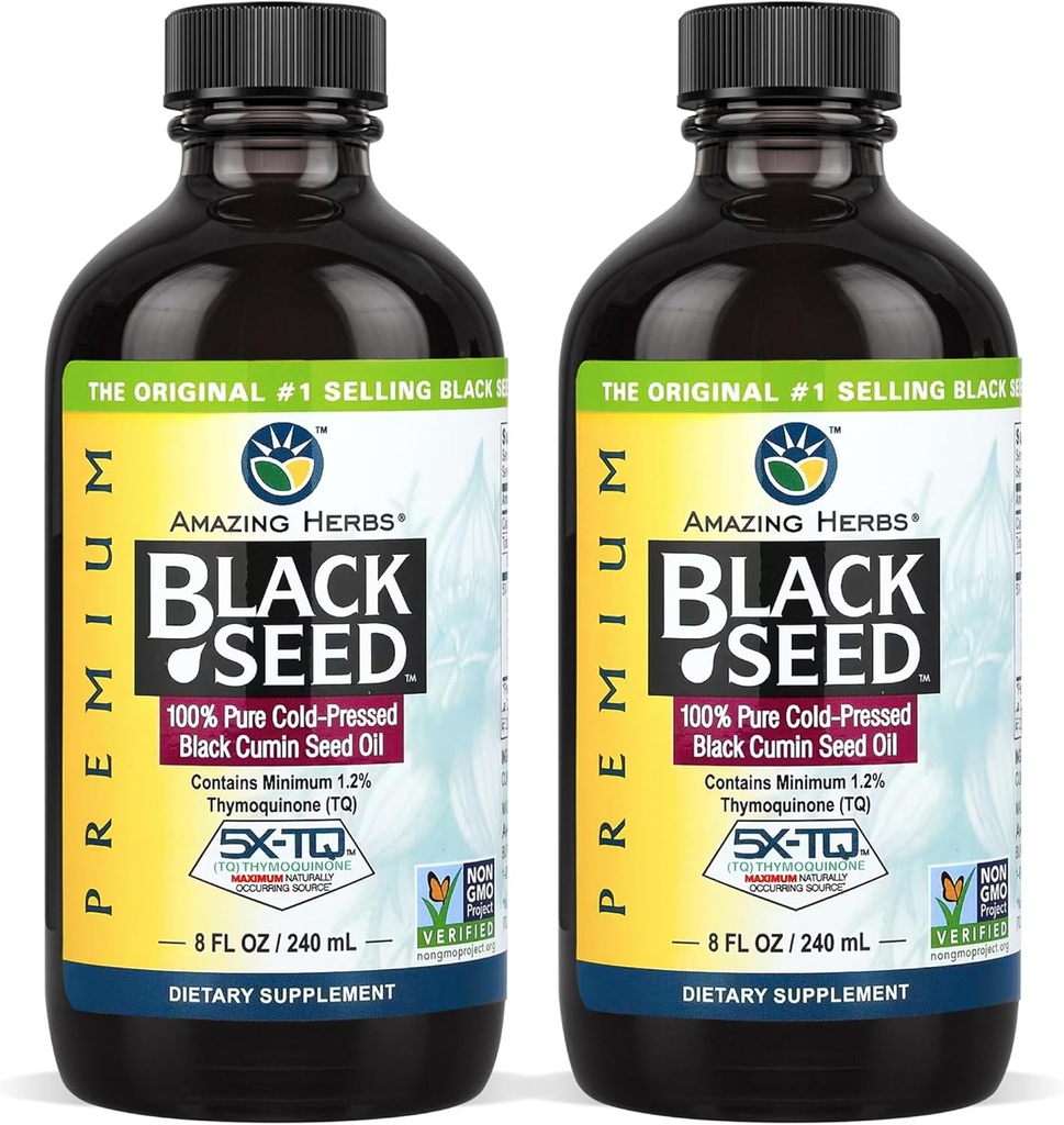 Amazing Herbs Premium Black Seed Oil - Glutenfri, ikke GMO, Cold Pressed Nigella Sativa Aids i Digestive Helse, Immune Support, Hjernefunksjon - 8 Fl Oz (Pack of 2)