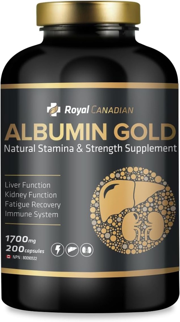 ROYAL CANADIAN Albumin Gull 1700mg leverfunksjon | Njurefunksjon | tretthet gjenoppretting | Immunsystem (200 x 1700mg Kapsler)