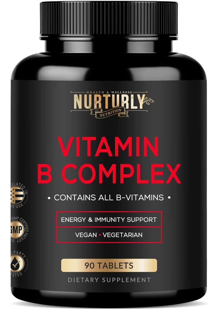 Vitamin B Complex - Inneholder alle essensielle B-vitaminer - B1, B2, B3, B5, B6, B7, B9, B12 og Biotin - Super B-kompleks vitaminer for energi, immunitet og Mood Support - 90 tabletter