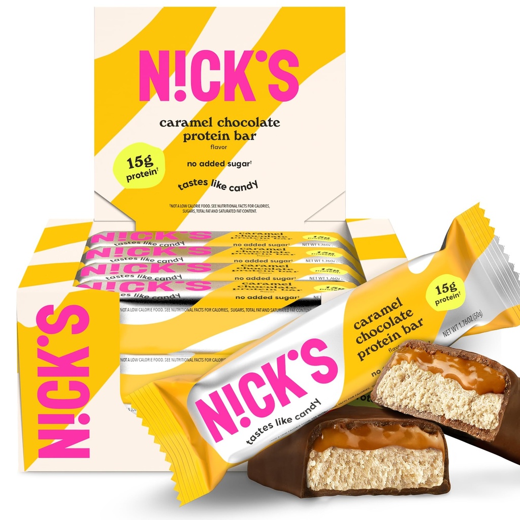 Nicks sjokolade karamellproteinbarer - 12-talls boks høy protein, lav kalorier, lave karbohydrater, ketovennlig, ingen tilsatt sukker