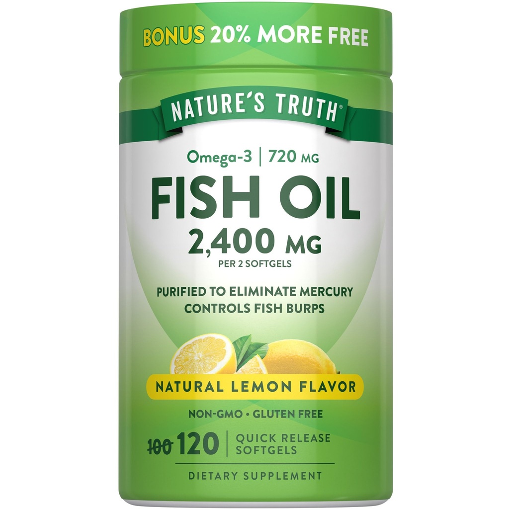 Naturens sannhet fiskolje 2400mg | 120 Hurtigutgivelse Softgels | 720 mg Omega 3 | Burpless sitron flavor piller | Ikke-GMO & Glutenfri Supplement