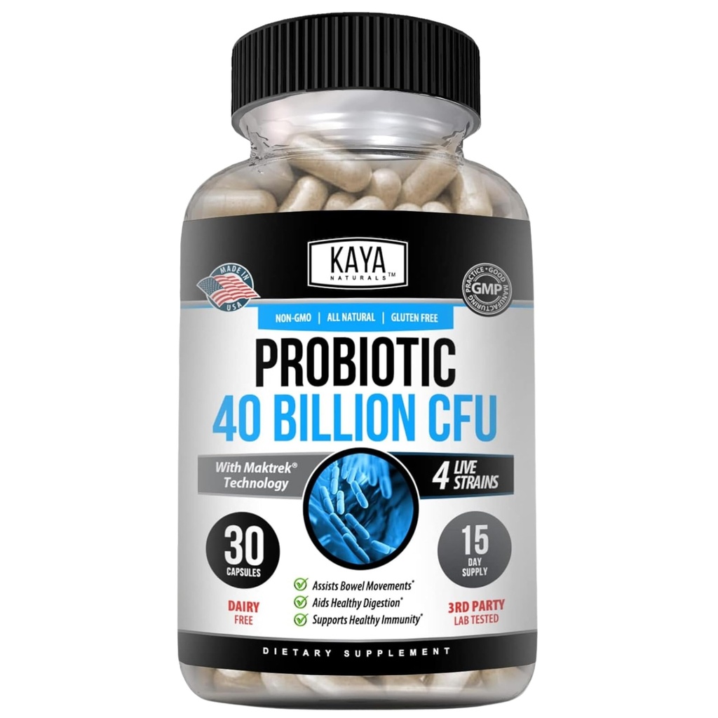 Kaya Naturals Probiotic 40 milliarder CFU - Probiotika for kvinner, Probiotika for menn og voksne, Naturlig - Gut Helse og immunstøtte Supplement - Fremmer Digestiv helse - 30 Teller