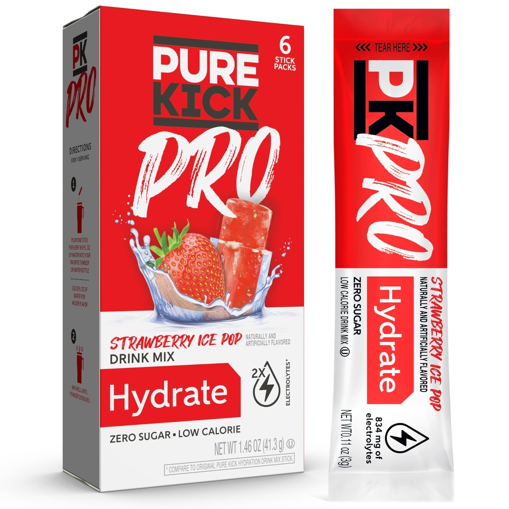 PURE KICK PRO Hydration Electrolyte Drink Mix, Jordbær Ice Pop, inneholder 1 boks med 6 pakker i hver boks