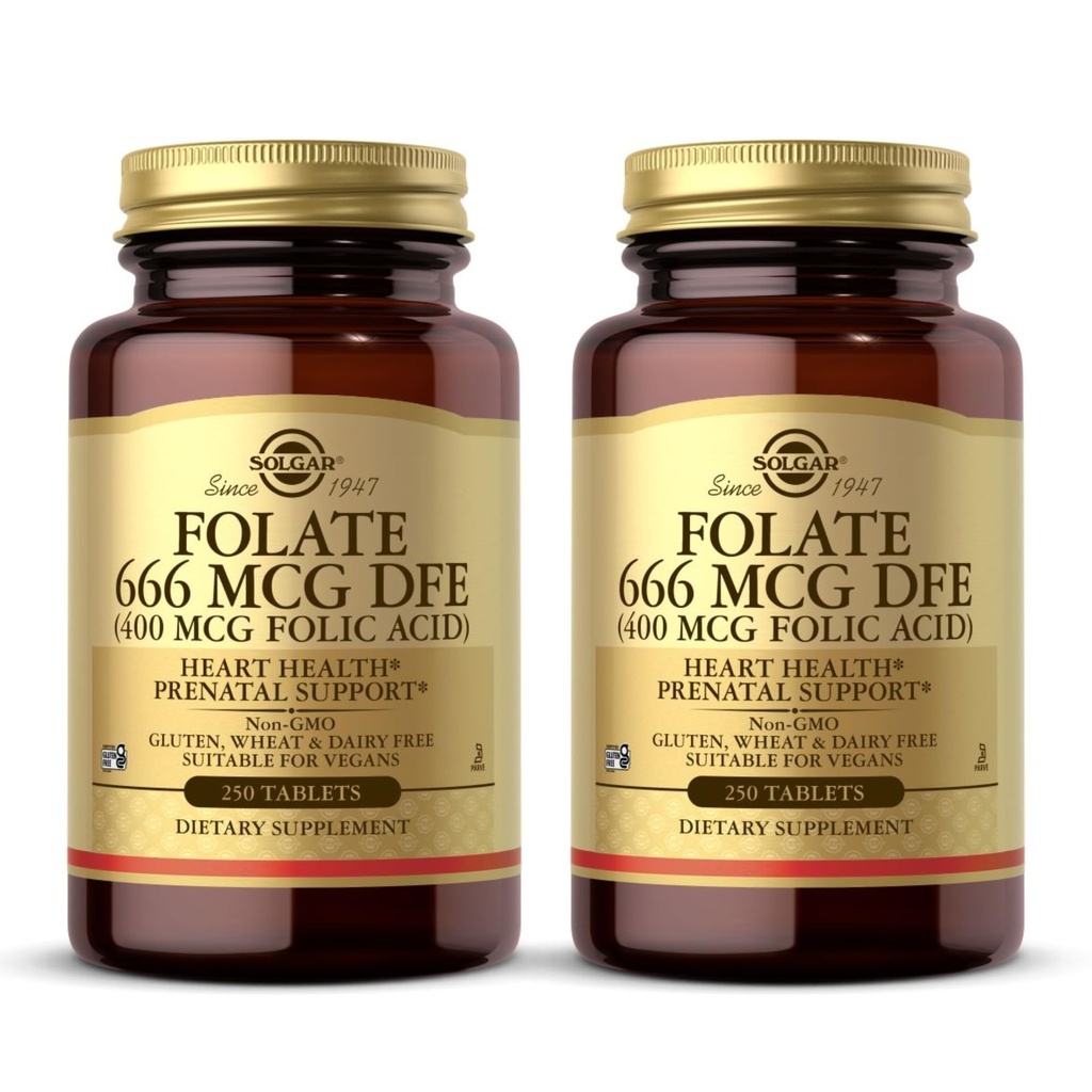 Solgar Folate 666 mcg DFE (Folic Acid 400 mcg) - 250 tabletter, pakke med 2 - Prenatal støtte - ikke-GMO, Vegan, Glutenfri, Dairy Free, Kosher - 500 Total Services