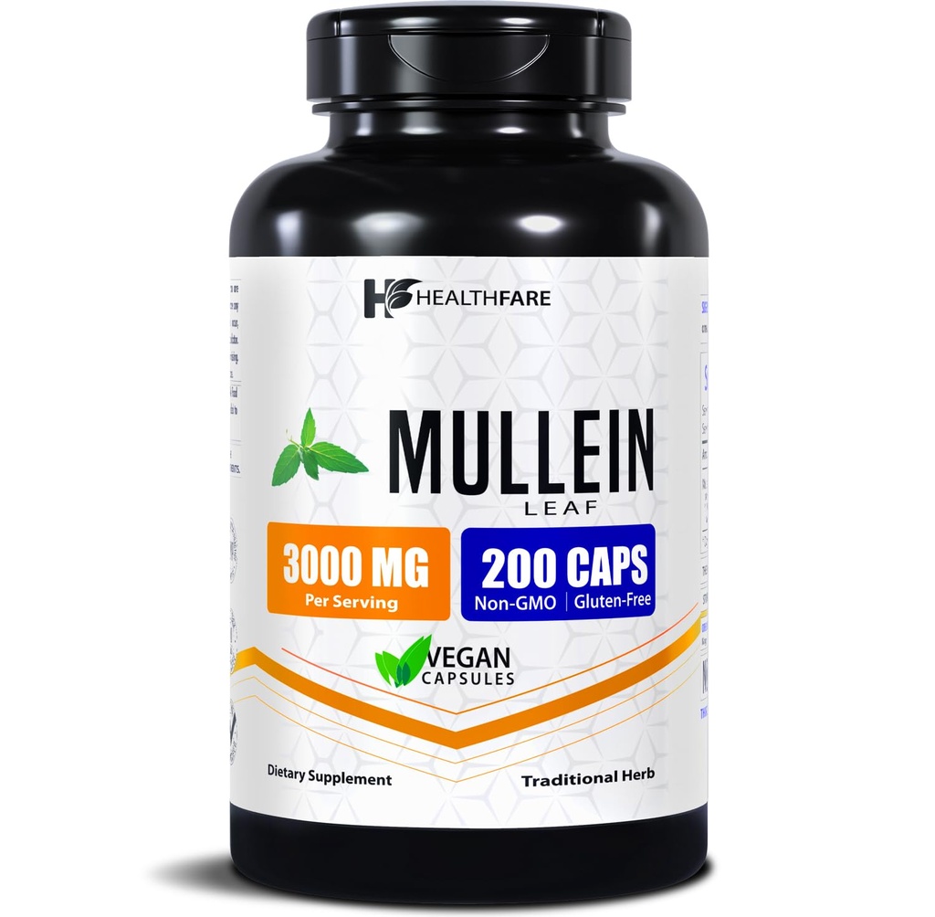 Healthfare Mullein Leaf Extract 3000 mg | 200 veganske kapsler | Ekstra styrke herbal kosttilskudd | støtter velvære & balanse | Ikke-GMO, Glutenfri | laget i USA