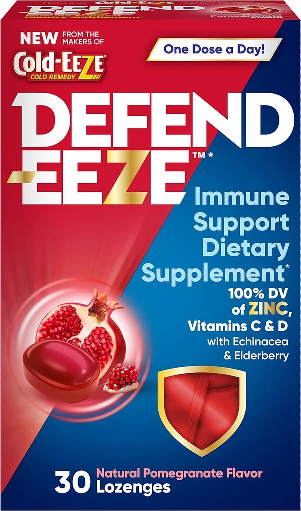 Defend-EEZE Immune Support Kosttilskudd Lozenges, 100% daglig verdi av sink, vitaminer C & D per dose, med Echinacea & eldrebær, Pomegranate Flavor, 30 Lozenges
