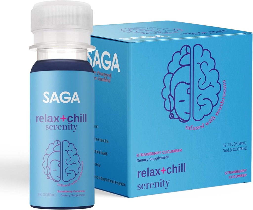 SAGA Organic Relaxation Shots  Contains Inneholder Adaptogens & Mushrooms - Lion's Mane & Kava | Høy biotilgjengelighet og rask onset | Heve Mood & Reduser tretthet | Strawberry Cucumber 2oz Shots (12-Pack)
