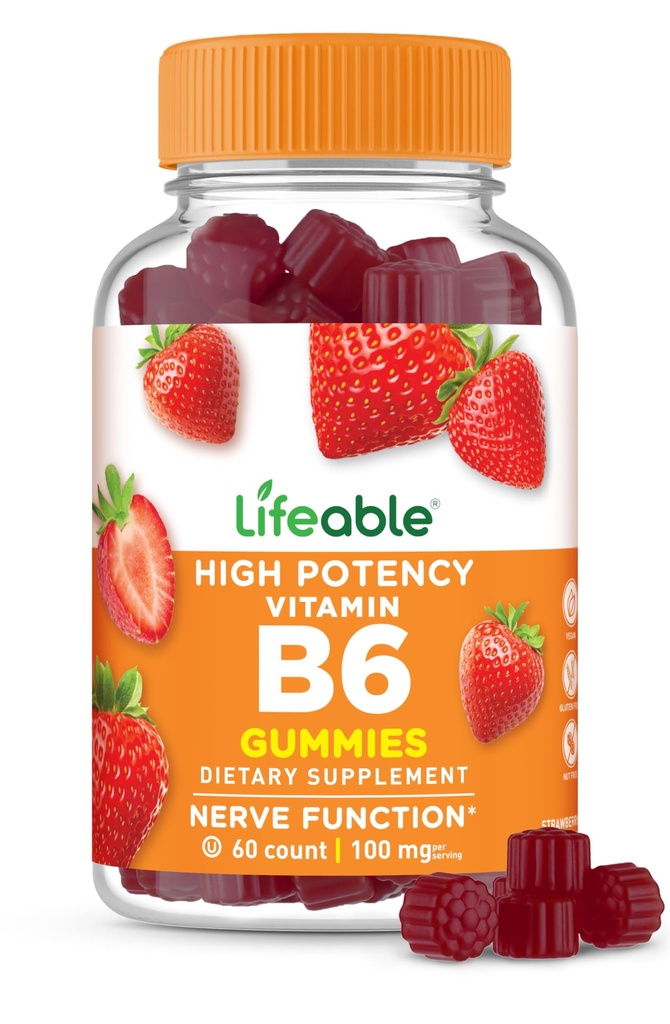 Livbar vitamin B6 Gummies | 100 mg | Great Tasting VIT B6 Supplement | Vegansk B6 Vitaminer for Nerve Støtte Supplement | Vitamin B 6 for voksne, menn, kvinner | 60 Gummies