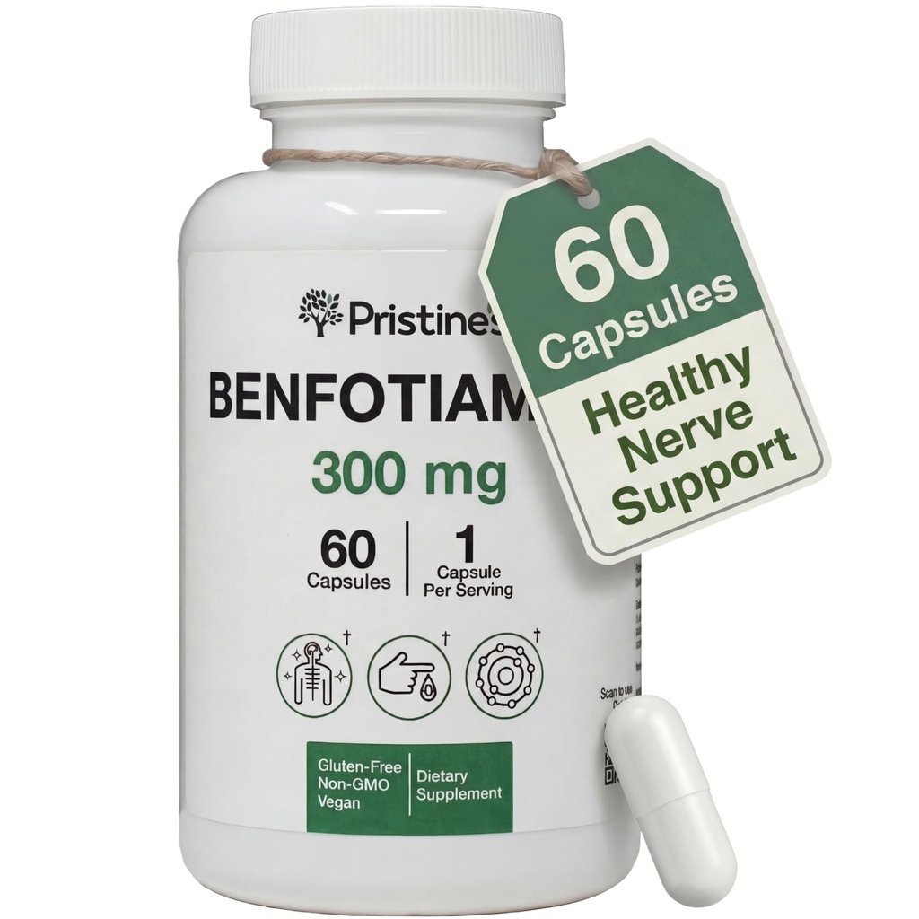 PRISTINE'S Benfotiamine 300mg høy biotilgjengelighet Nerve støtte Supplement - 60 dagers forsyning - fettløselige vitamin B1 kosttilskudd - Vegan - ikke-GMO