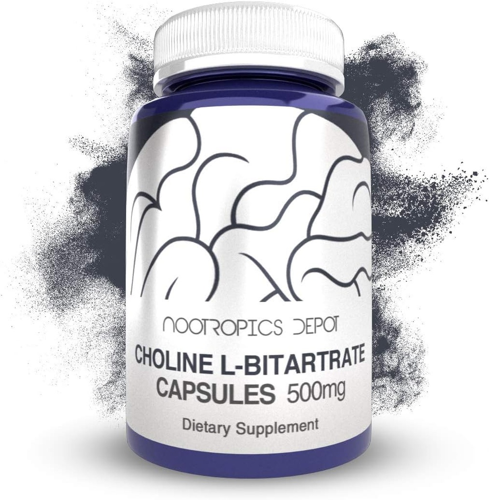 Choline L-Bitartrat Kapsler 500mg (180 greve) | Choline Supplement | støtter kognitiv funksjon, mental ytelse og fysisk utholdenhet