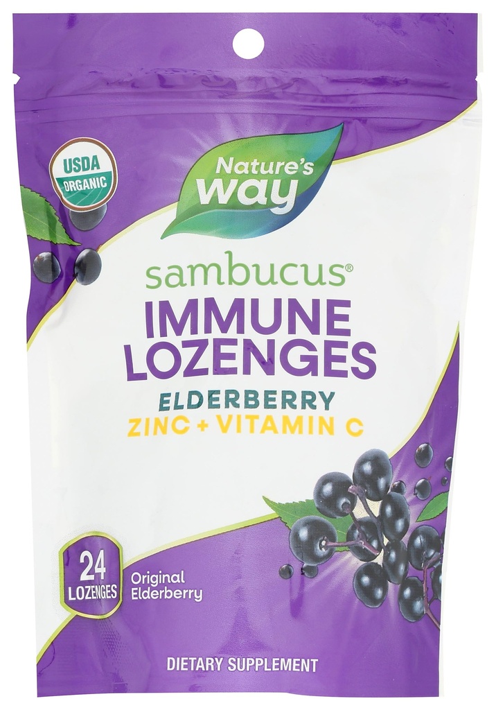 Naturens måte Sambucus Immune Lozenges, Sink + vitamin C, Black Elderberry Extract, USDA sertifisert organisk, Original Berry Flavored, 24 Lozenges (Packing May Vary)