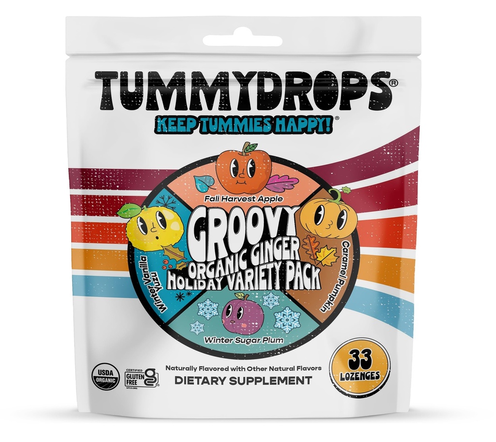 USDA Organic Groovy Ginger Holiday Variety Tummydrops (Mix of Caramel Pumpkin, Fall Apple, vinter Yuzu & sukker Plum Ginger Flavors). Veske med 33 forskjellige dråper. Sertifisert Glutenfri.