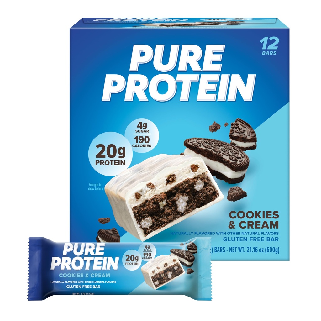 Pure Protein Bars, høyprotein, næringsrike snacks for å støtte energi, lav sukker, glutenfri, informasjonskapsler og krem, 1.76oz, 12 Pack