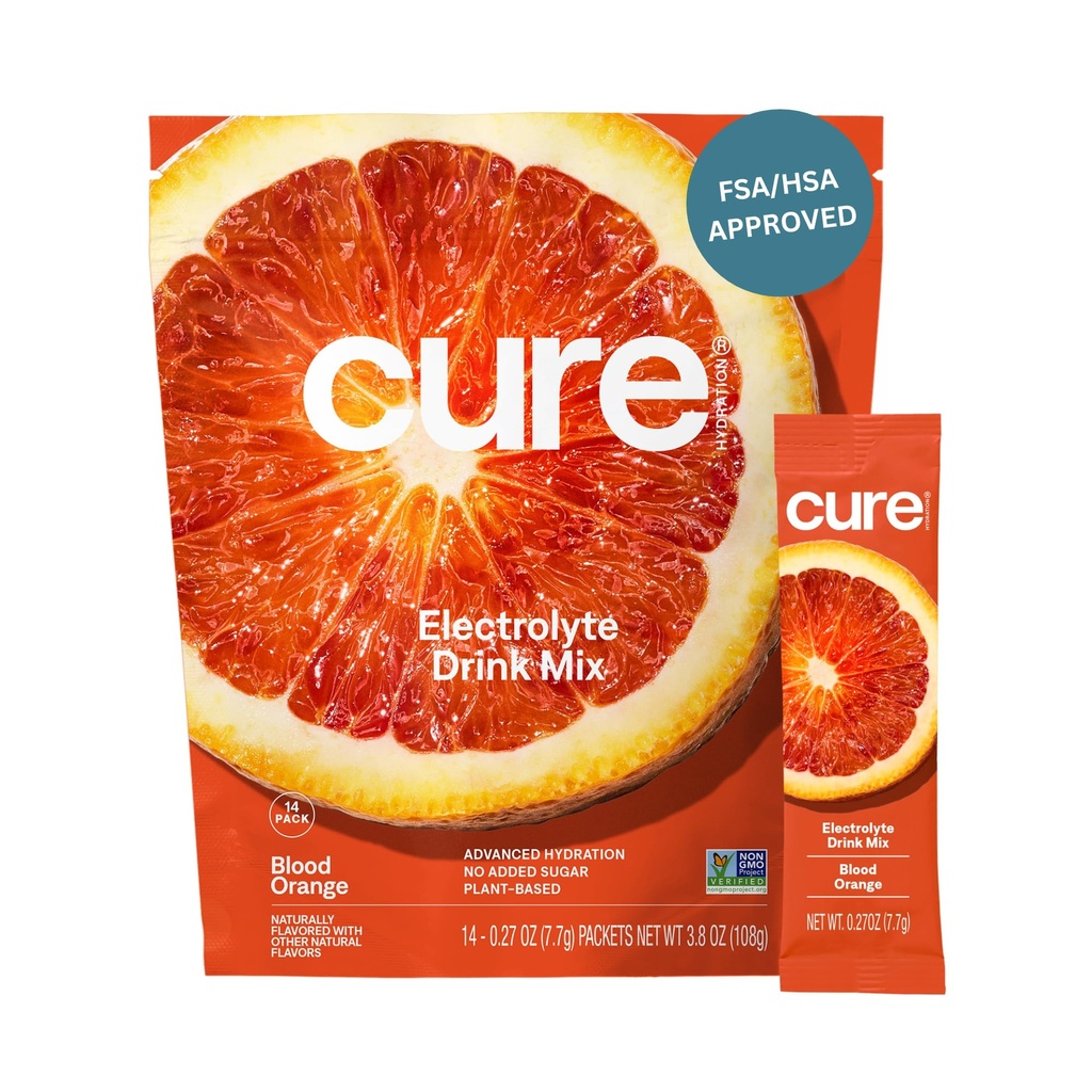 Cure Hydration | Plantebaserte elektrolyte drikkblanding | Ingen tilsatt sukker | FSA-HSA | Dehydrering Relief pulver laget med kokosvann | Ikke-GMO | Vegan | Pouch av 14 pakker - Blod oransje