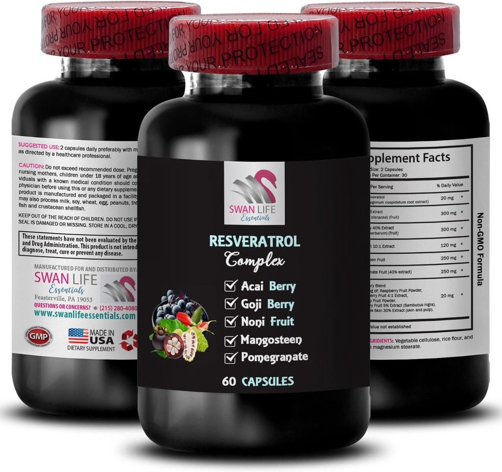 Supportive Blend - RESVERATROL COMLEX - Antioxidant Shield, Daily Energy, Berry Benefits, Natural Boost, Raspberries Balance, Pomegranate Energy, Active Lifestyle, Flavorful Energy 1 Bottle 60 Caps
