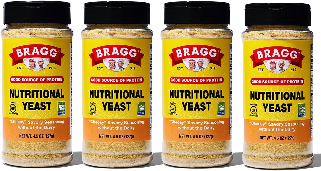 Bragg Næringsmiddel Yeast Seasoning – Vegansk, Glutenfri Cheese Flakes – God kilde til protein og vitaminer – Nutritious Savory Parmesan Cheese Substitut – Ikke GMO Verifisert, 4,5 Ounce, 4-Pack