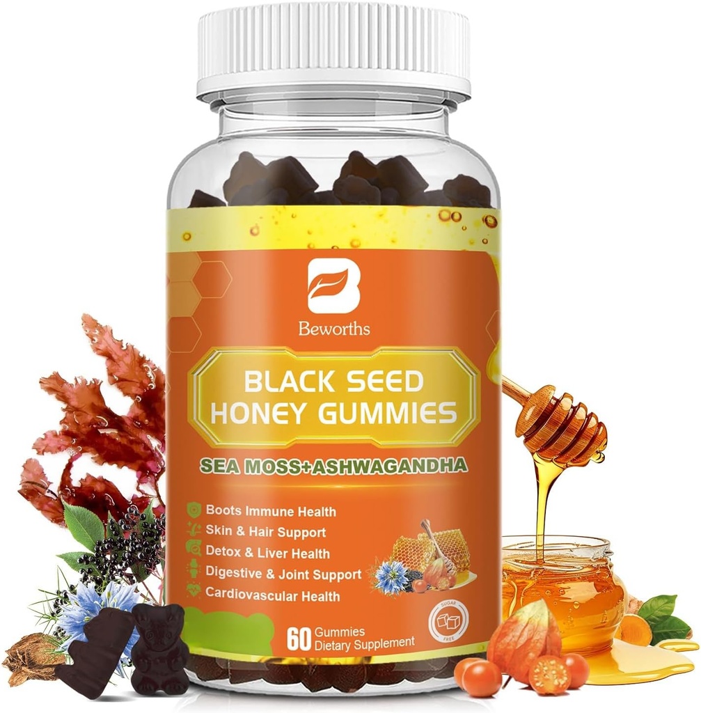 Svart Seed Oil Sea Moss Gummies med Ashwagandha, Burdock Root, Linden Honning, Elderberry, Turmeric, vitamin C, D3 & Zink - støtter immunitet, Joints, Digestion, Hår og hud, Vegan Gummies 60 Antall