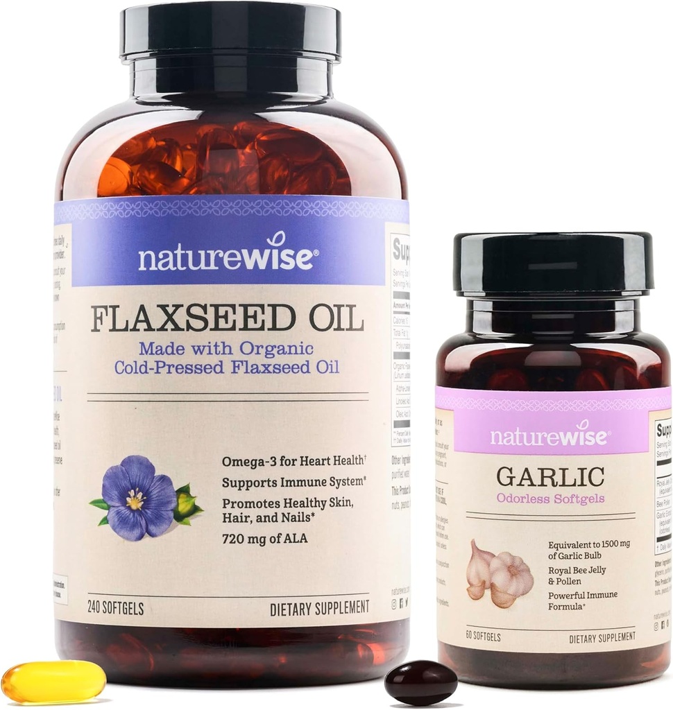 NatureWise Organic Flaksfrø Olje Max 720mg ALA | Høyeste potens Flaks Olje Omega 3 hvitløk Odorless Softgels 1500mg støtte tann- og immunsystem helse