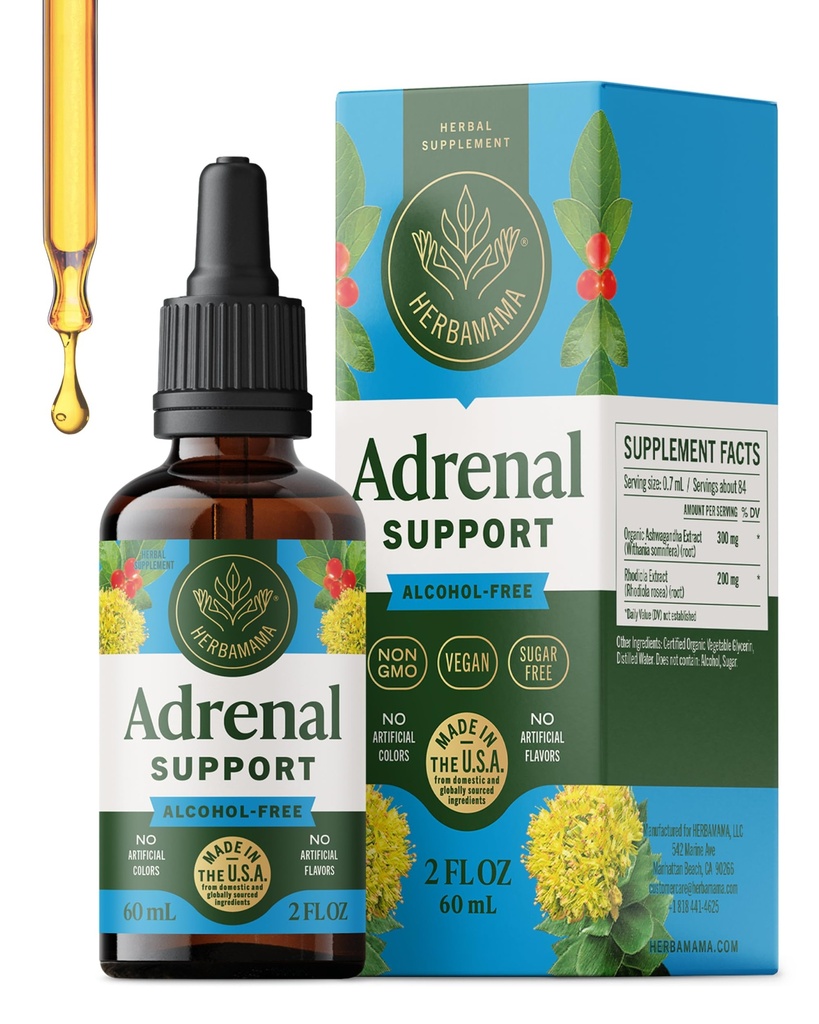 HERBAMAMA Adrenal støtte flytende dråper - Vegan adrenal tinktur med Ashwagandha Root & Rhodiola Rosea ekstrakt - ikke-GMO, alkohol & sukker-fri Supplement - 28-dagers levering