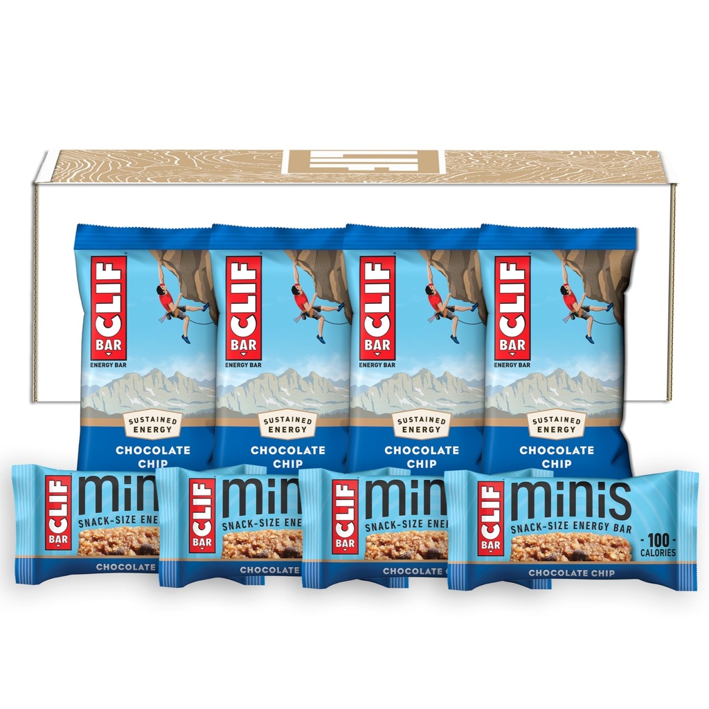 CLIF BAR - Sjokolade Chip - Full størrelse og mini energibarer - laget med organisk havre - Ikke-GMO - Plant Basert - 2.4 oz. og 0,99 oz. (20 greve)