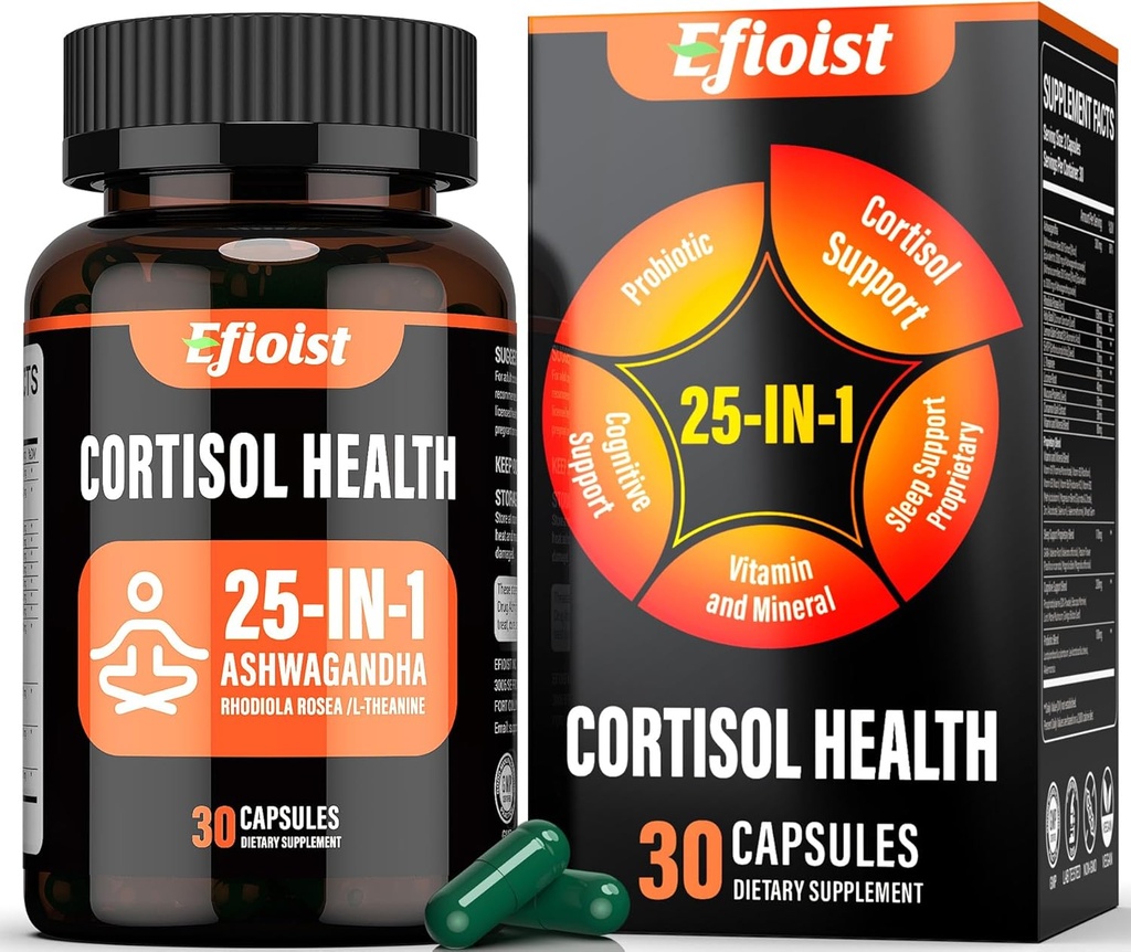 Cortisol Supplement for kvinner, 25-i-1 Cortisol Reduser for kvinner og menn, Cortisol Kosttilskudd for menn med Ashwagandha, Rhodiola Rosea, L-Theanine, for Mood, Fokus, søvnstøtte, 30 kapsler