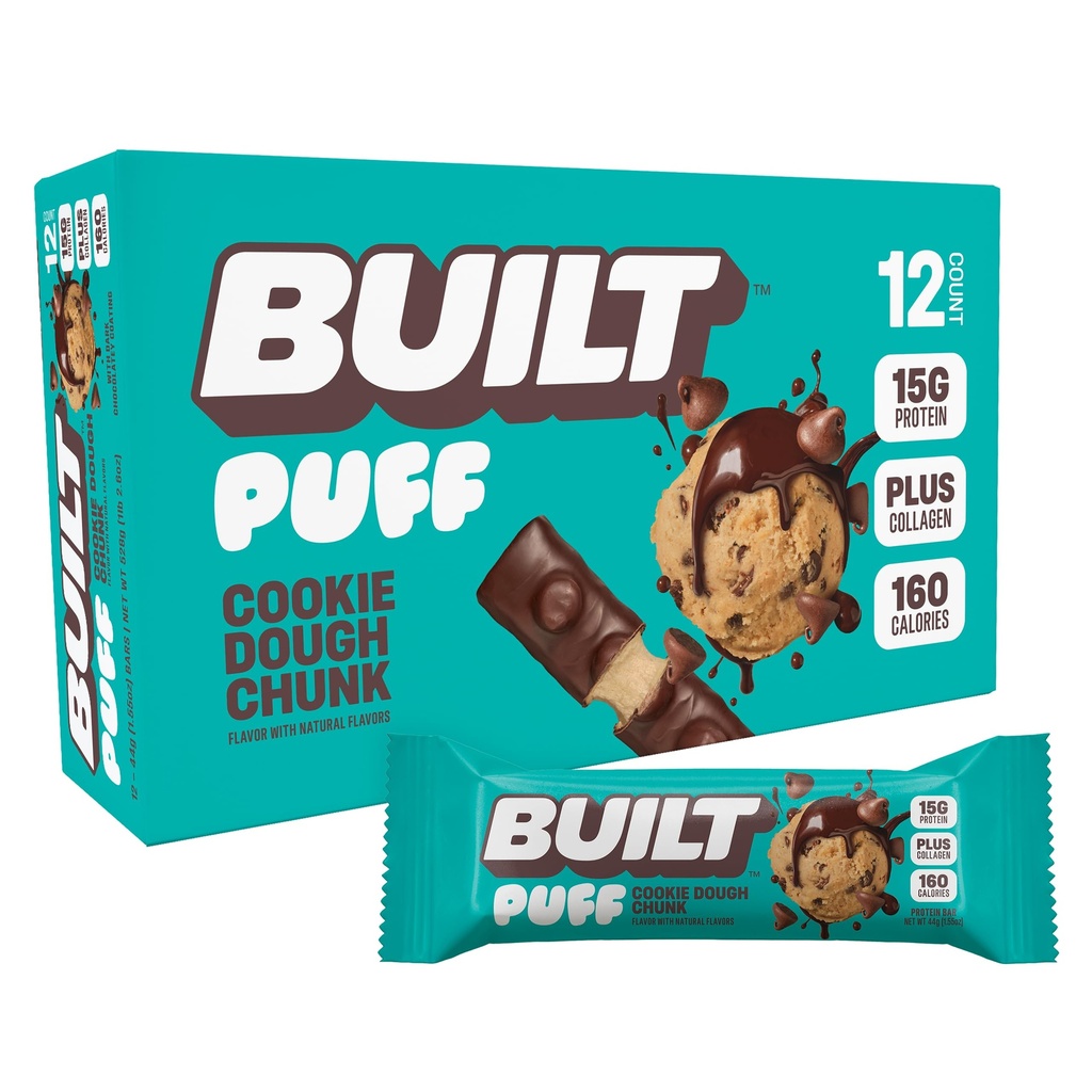 Bygget Bar, Puff Protein Bars, Cookie Dough Chunk Puff, 15g Protein Snacks, On-The-Go Bare 160 kalorier, 8g sukker, kollagen, ikke Glutenfri, 12 greve