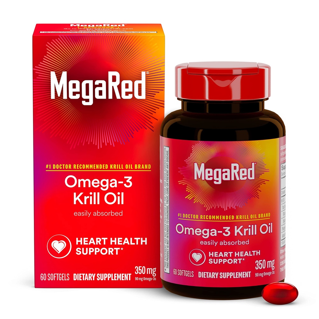 Omega-3 krill olje 350mg Softgels, MegaRed (60 greve i en flaske), EPA & DHA Omega-3 fettsyrer med ingen fiskelig ettersmak i motsetning til fiskolje, inneholder antioksidant Astaxanthin