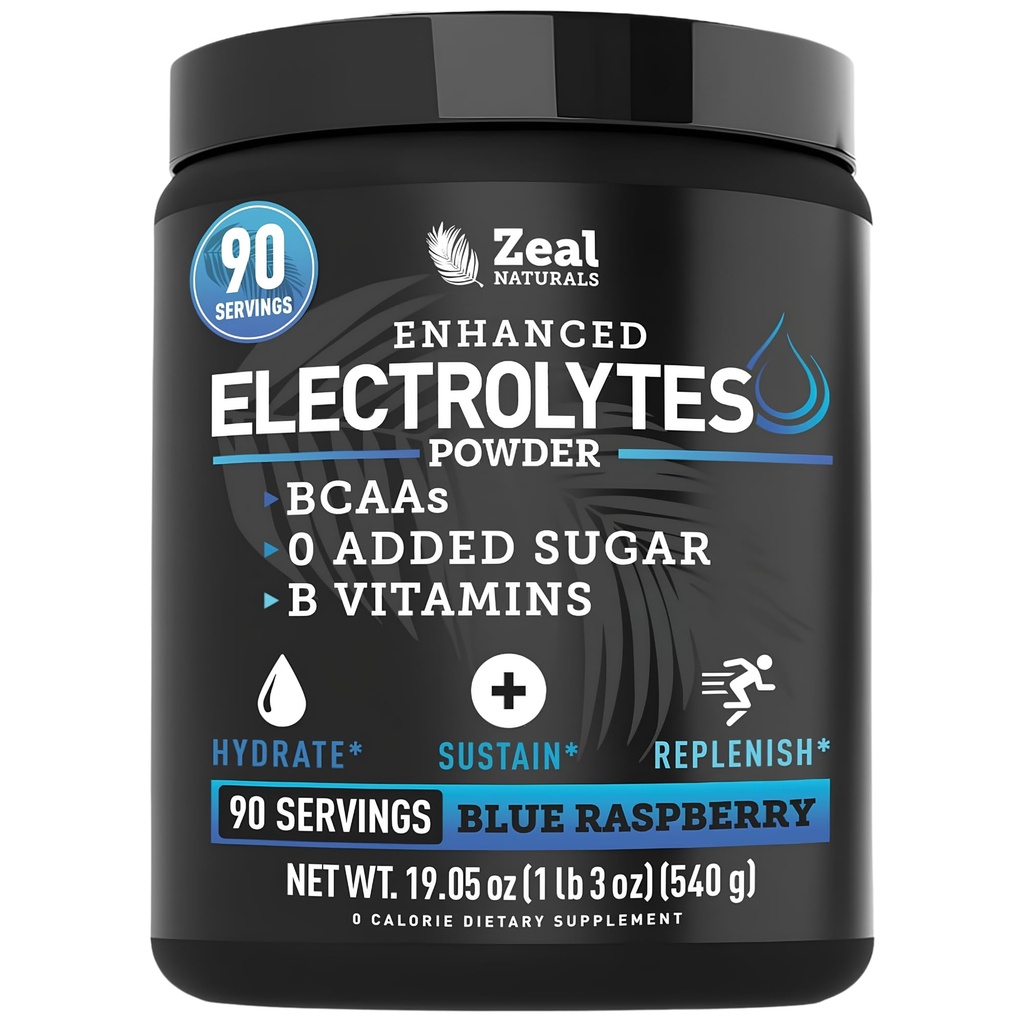 Zeal Naturals Electrolyte pulvergjenvinningsdrikk (90 serveringer blå bringebær) w 0 sukker + BCAA + B-vitaminer Electrolyte Supplement w Kalium sink & magnesium for Hydration - Keto elektrolyter