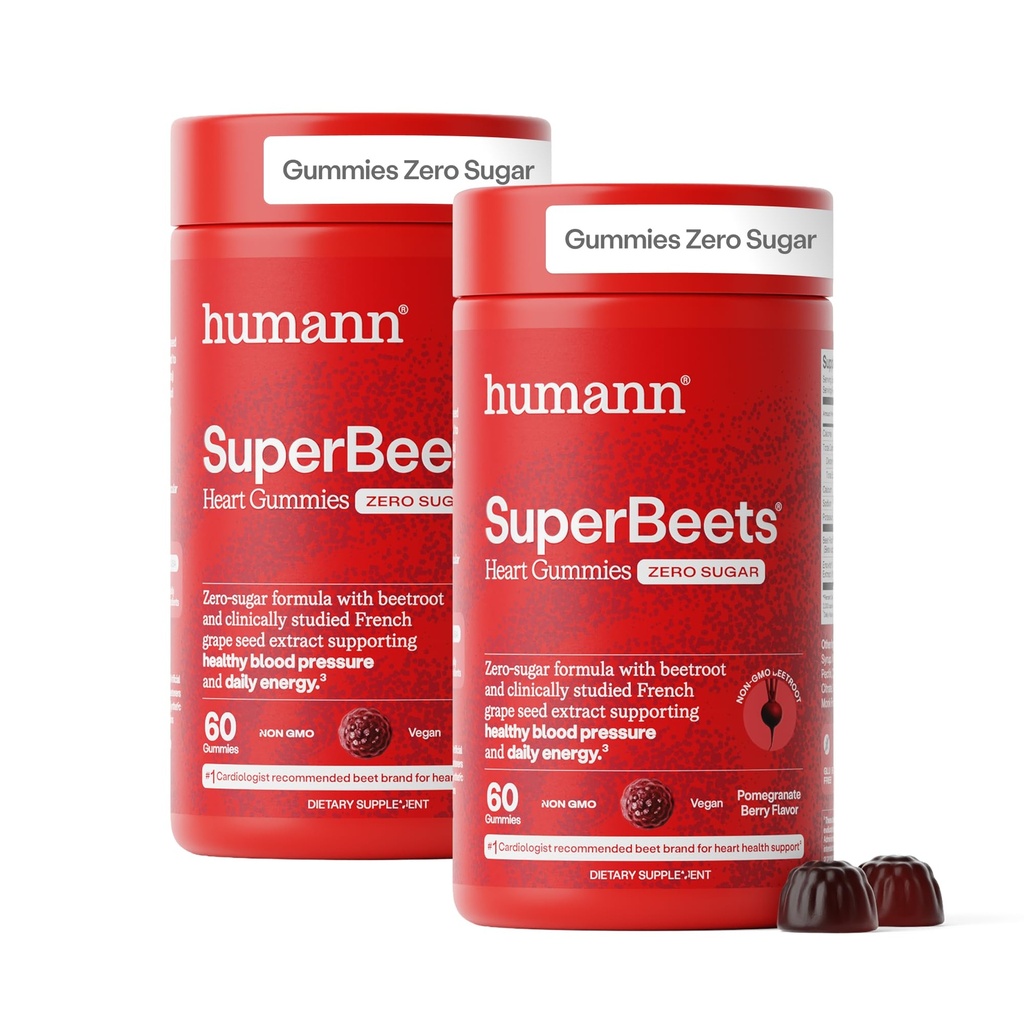 humanN SuperBeets Heart Gummies - Beet Gummy med hjerte sunn energi støtte, kornfrø ekstrakt & beetroot pulver, sukker gratis - Pomegranate Berry Flavor, 120 greve