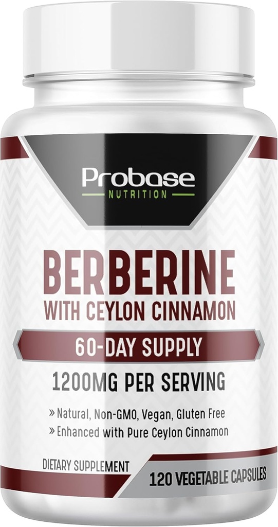 Probase Ernæring Berberine med kanelekstrakt - Glutenfri og vegansk - 120 kapsler - 1200 mg per servering