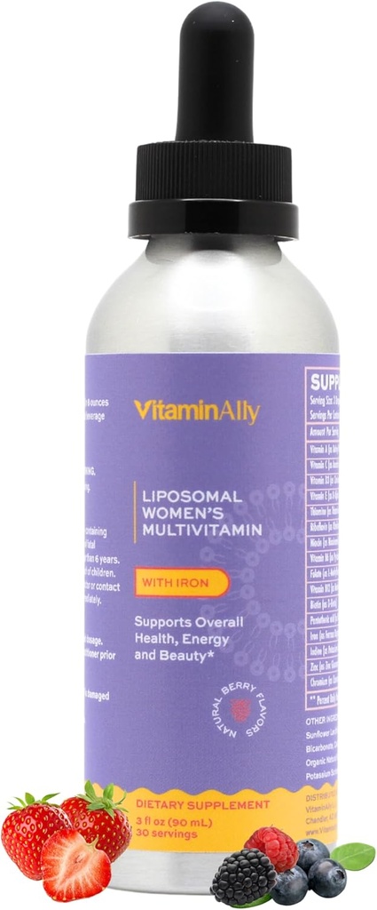 Multivitamin liposomal flytende dråper med jern | 30 dagers forsyning | 3 FL Oz | Ikke-GMO | Glutenfri | Støtter generell helse, energi og skjønnhet
