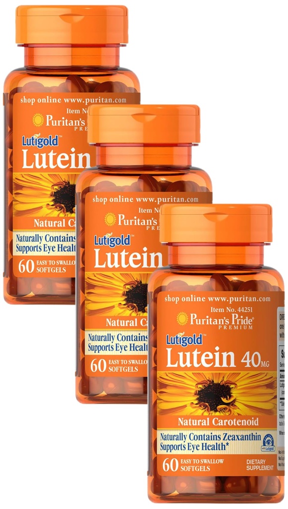Puritans Pride Lutein 40 mg med Zeaxanthin, hjelper støtte øyehelse*, helbønne, 60 Ct, (pakke med 3)